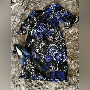 connected apparel Black Midi Dress with Blue Floral Print